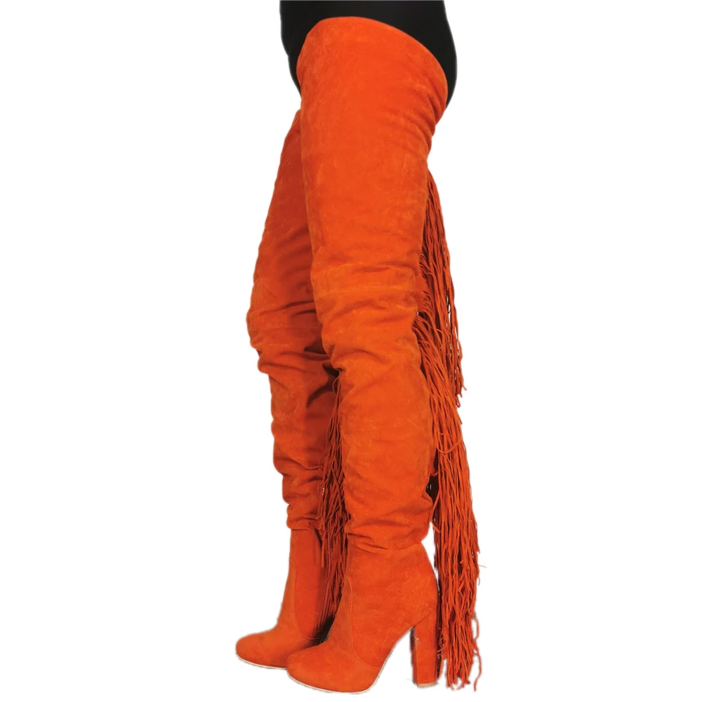 

Trendy Orange suede over the knee long boots long tassel high heels shoes women dressing concise fit shoes runway show boots