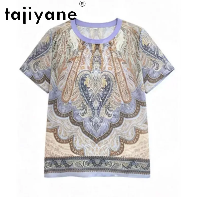 TAJIYANE 100% Natural Mulberry Silk Women T Shirts Round Neck Summer Tops for Woman Clothing Loose 2026 Floral Tee Shirt Femme