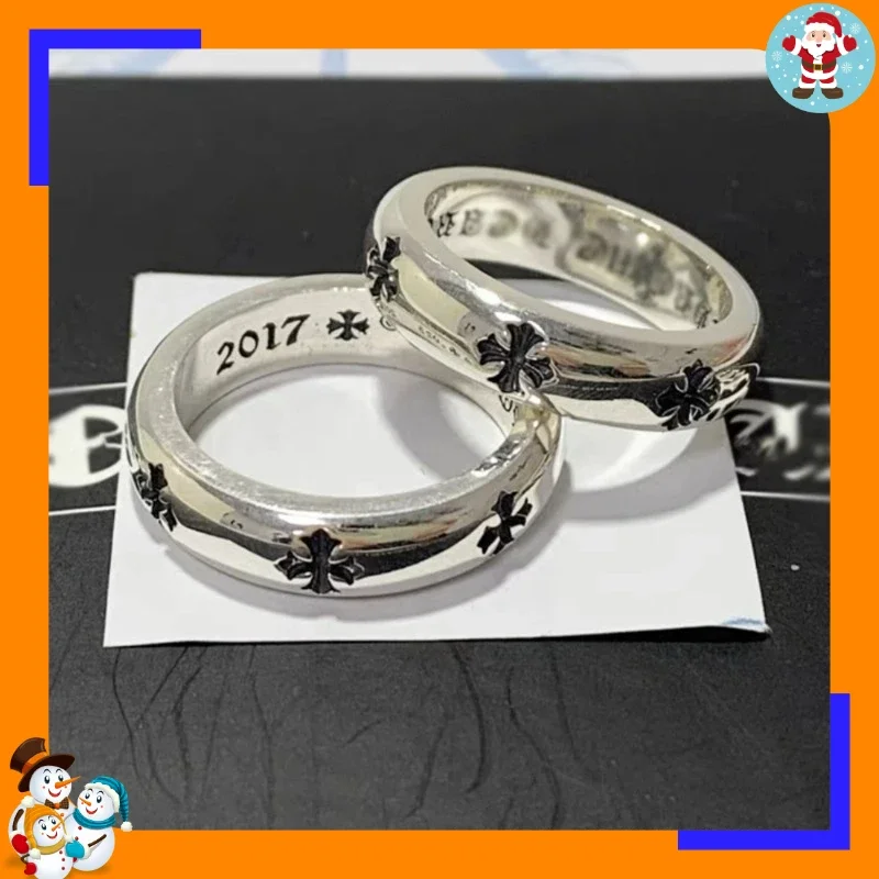 New High Version Cross Ring Cross Flower Ring Round Smooth Surface Retro Old Color Retention Jewelry Thai Silver