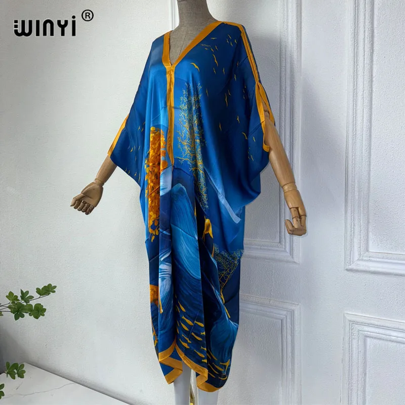 WINYI Summer african V-neck dress Printed beach wear women 2024 Loose Femme Robe Muslim beach cover ups silk feel evening dress