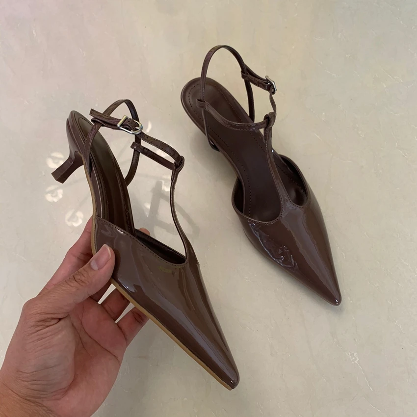 Summer Modern Office Shoes for Women Patent Leather Wedding Ankle Strap Pointed Brand Designer Female High Heeled Sandals