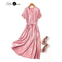 Little Heavyweight! Mulberry Silk! Elegant Leather Pink! 22MM Silk Sangbo Satin Extended V-neck Women's Fashion Dress