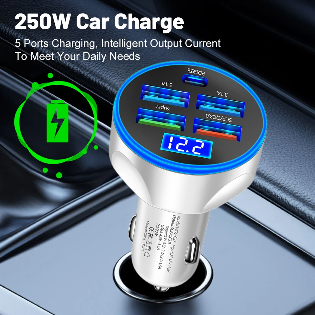 

5 Ports USB Car Charger Type C Fast Charging 250W PD QC3.0 Super Charger Adapter in Car for iPhone Samsung for Huawei Xiaomi