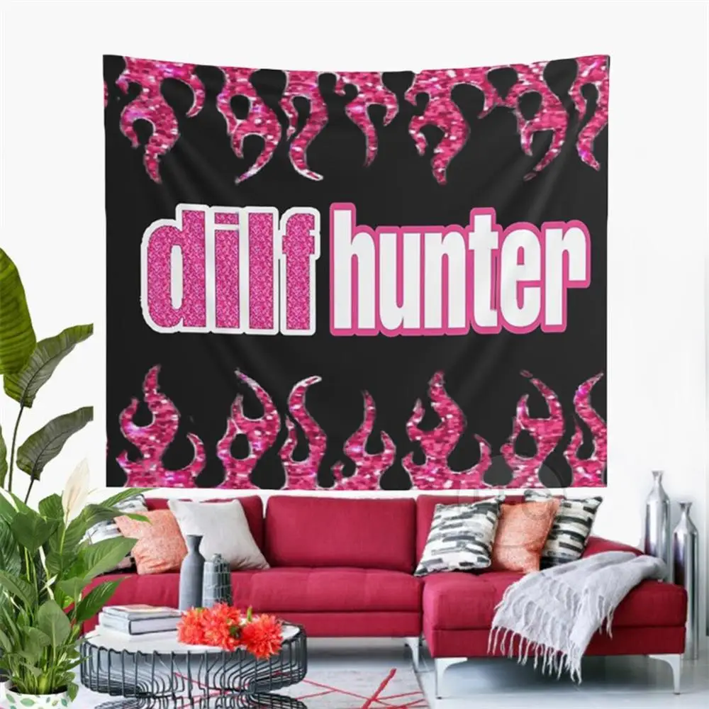 Funny DILF Hunter Tapestry Wall Hanging Pink Fire Tapestry Aesthetic Room Decor Meme Tapestries Wallpaper Bedroom Decoration