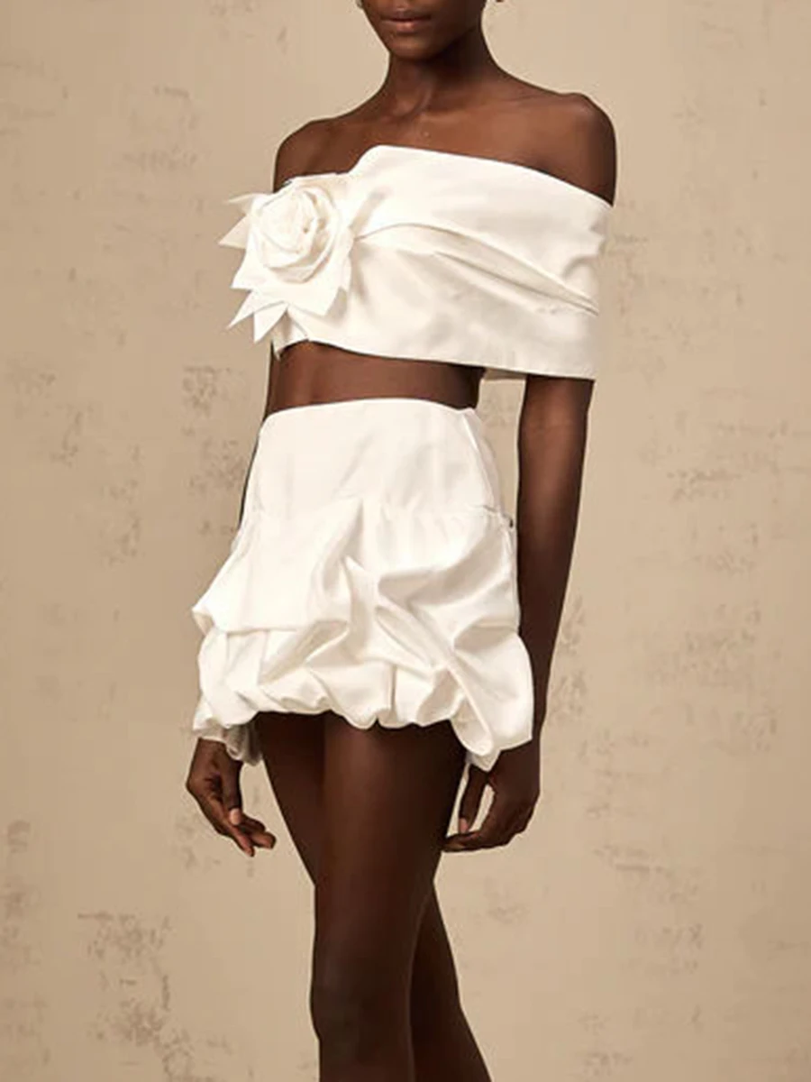 VGH مجموعات مكونة من قطعتين مثيرة للنساء بدون حمالات مكشوفة الكتف وأكمام عالية الخصر تنورة قصيرة مجموعة مصممة أزياء نسائية #4