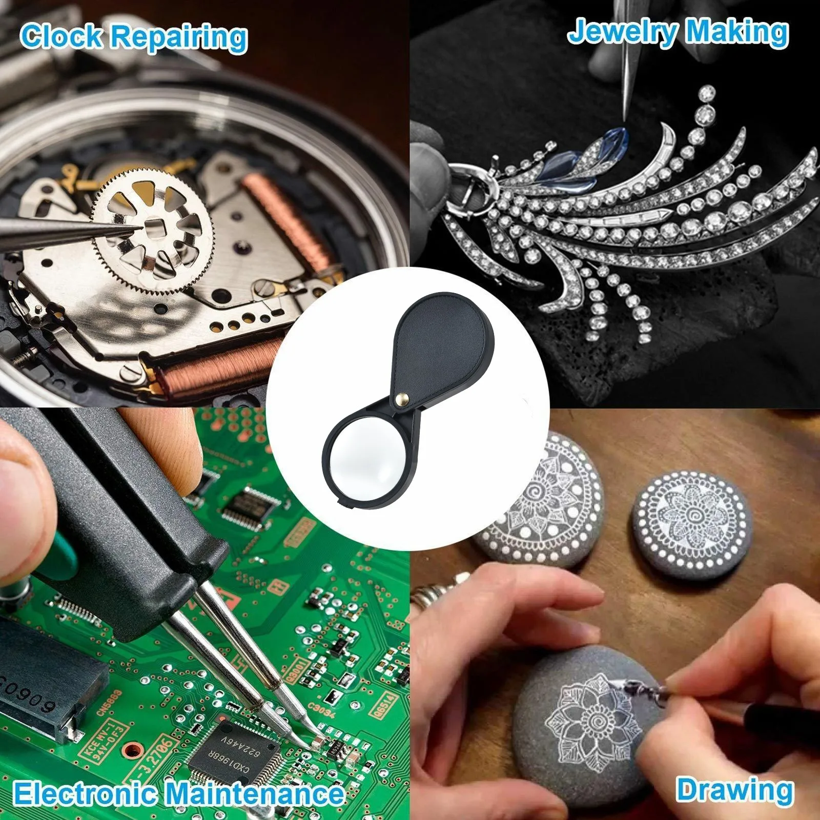 แว่นขยาย 10 เท่า สำหรับงานจิวเวลรี่ ขนาด 65 มม. แบบพับได้ พกพาสะดวก เหมาะสำหรับเด็ก ผู้สูงอายุ ใช้ดูเหรียญ แผนที่ แสตมป์ อัญมณ์