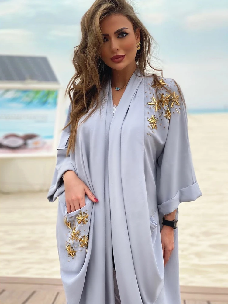 Open Abaya with Pockets Handsewn Diamonds Muslim Women Kimono Kaftan Cardigan Dubai Saudi Robe Islam Ramadan Modest Outwear