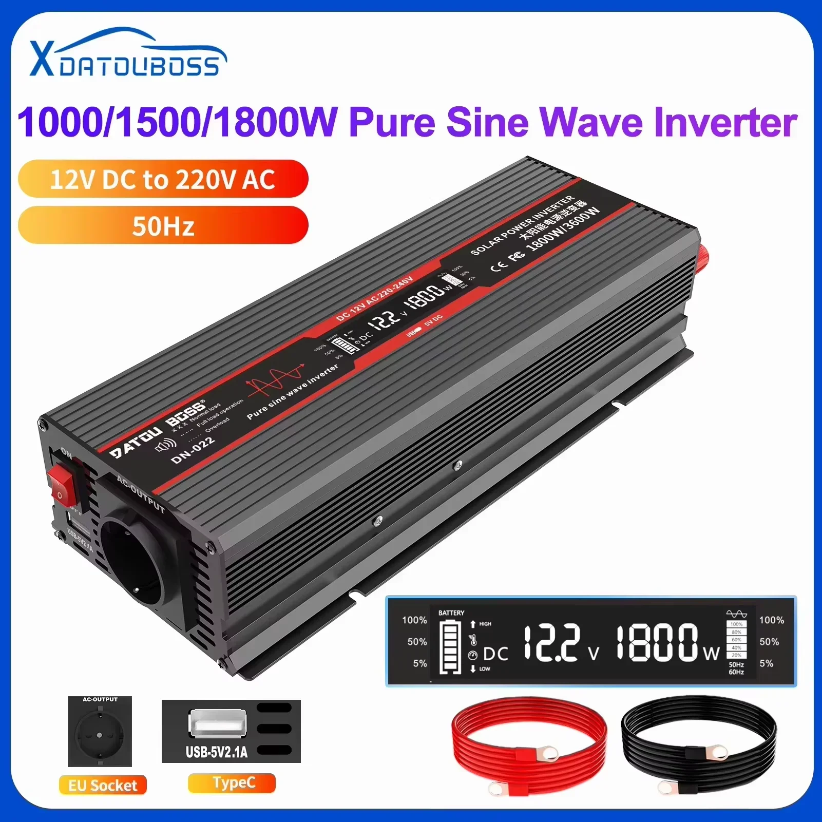 Inversor de Onda Senoidal Pura DATOU BOSS 1800W DC12V AC220V-240V 50Hz com Tomada EU, Ventiladores e USB Tipo-C, Inversor Automotivo 1000W 1500W 1800W