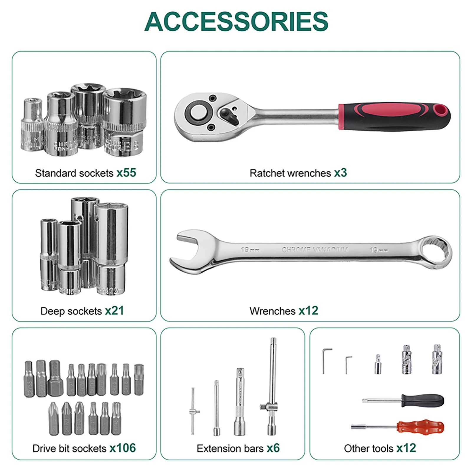 216Pcs Mechanics Tool Set 1/4 3/8 1/2 Inch Drive Socket Wrench Kit Ratchet Mixed Wrenches Auto Repair Tool Box Case
