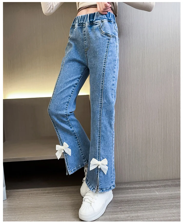 Elegante Kinder-Jeans mit Schlitz und Perlen für Mädchen, schmal geschnittene Denim-Hose mit Schleife, Kinderhose mit Schleife, Größe 5 6 7 8 9 10 11 12 13 14 – Detail 17
