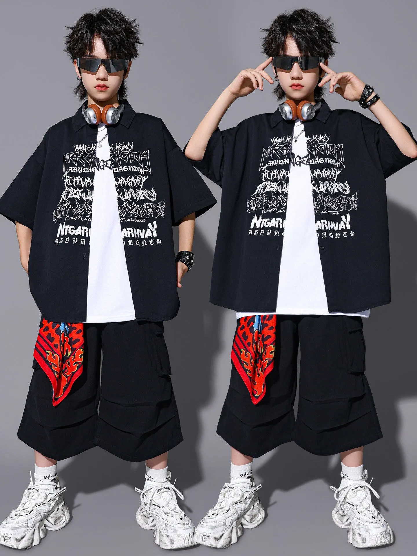 Black Hip Hop Outfits Boys Girls Short Sleeves Baggy Suit Shirts Shorts Handsome Performance Clothes Jazz Dancewear Kpop BL19592
