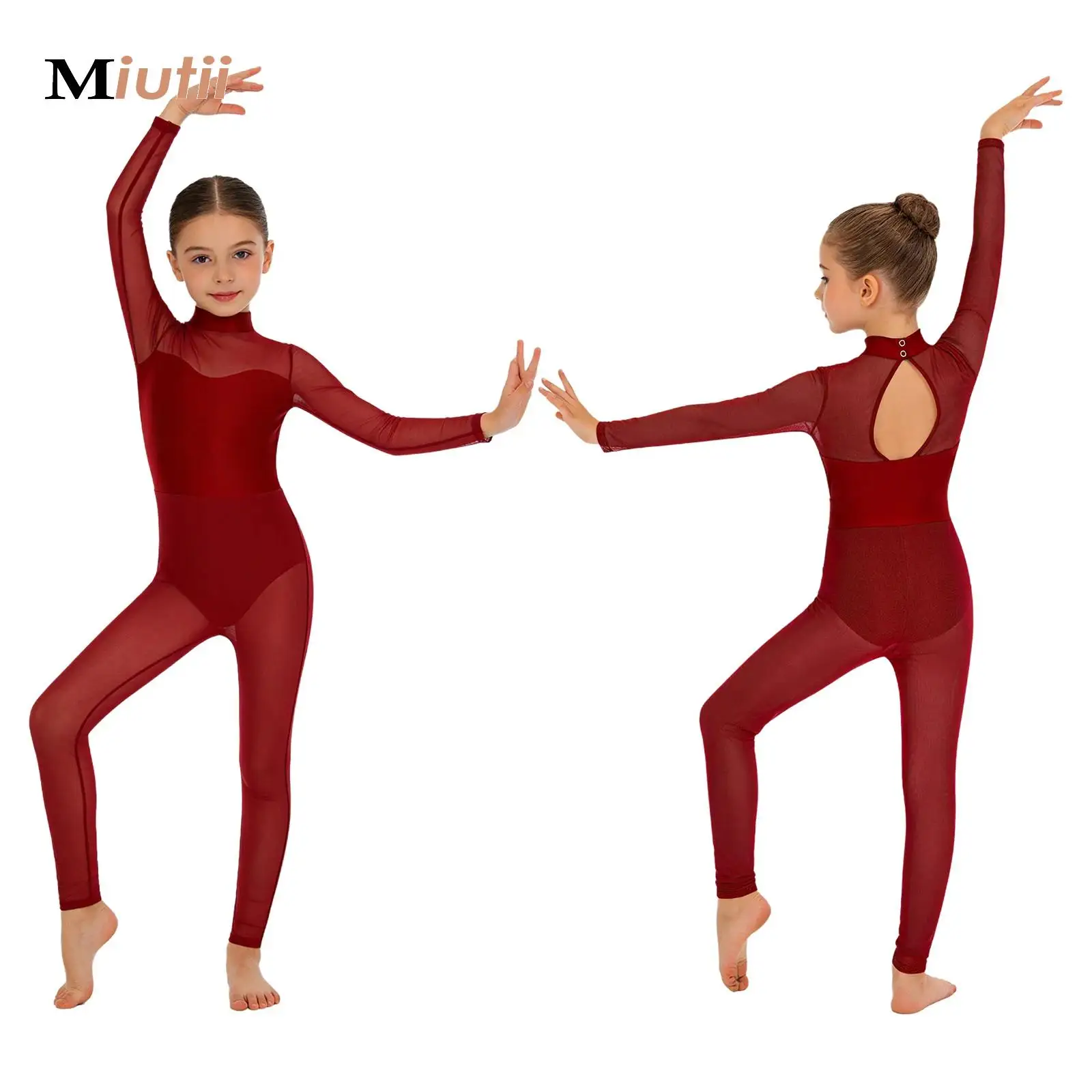 Kids Girls Gymnastics Ballet Jumpsuit Long Sleeves Mesh Full Length Leotards Full Bodysuit Figure Skating Performance Costumes