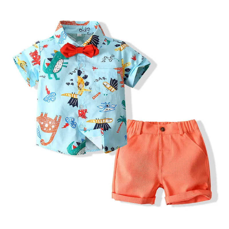 Kids Boy 2pcs Clothing Set Casual Animal Print Suit Bow Tie Short Sleeve Shirt S+Short 2pcs Suit Kids Clothes 5-6 Years