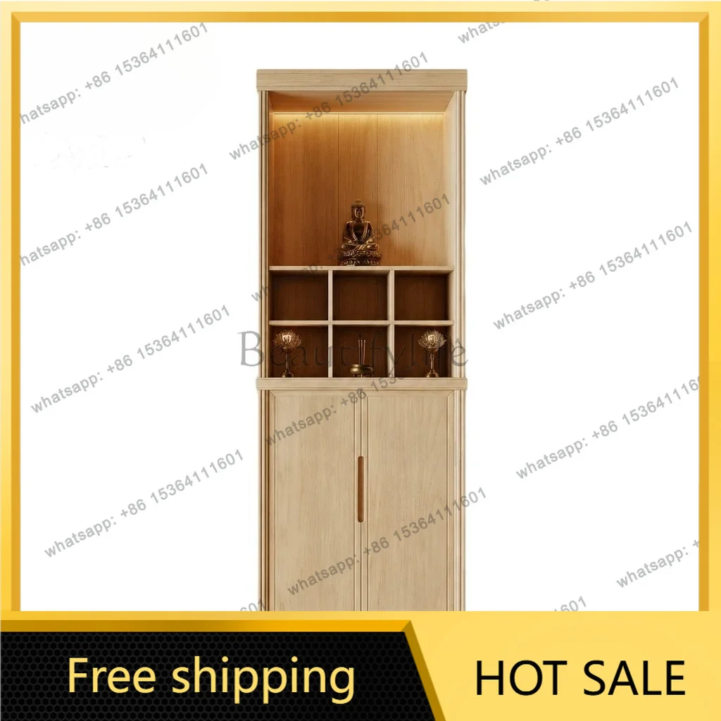 YJ New Chinese Solid Wood Standing Shrine Cabinet Zen Style Home Altar For Guanyin Ancestor Landlord Worship Offering Cabinet