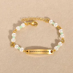 Free Engraving Pearl Chain ID Bracelet for Women, Personliazed Text Message,Mother's Day Gift