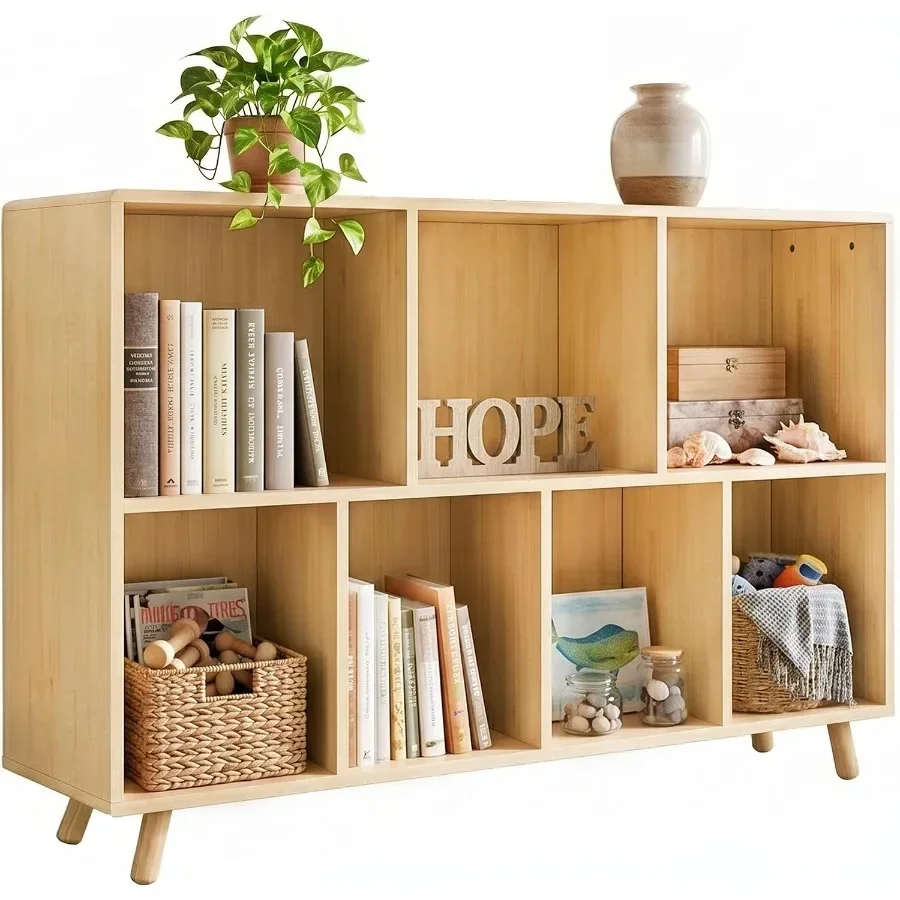7-Cube Wood Bookshelf, 2-Tier Storage Organizer with Legs Natural