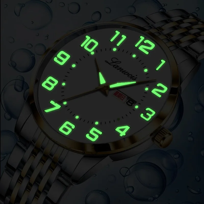 Large Dial Men's Digital Watch Elderly Watches Solid Steel Strap Gold Black Chinese English Dual Calendar Waterproof Clock