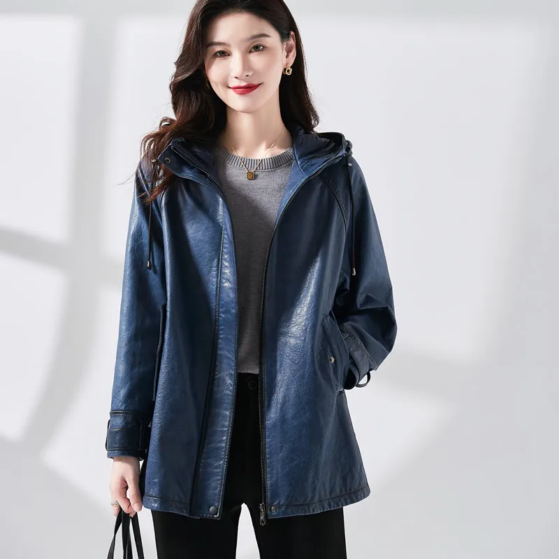 Leather Jackets Women Autumn Vintage Claret Medium to Long Loose Hooded Turkey Sheepskin Waxy Leather Coat Cazadora Piel Mujer