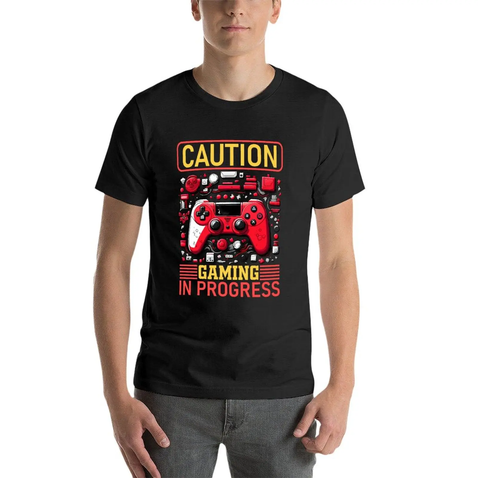 Camiseta de caution gaming in progress para hombre, blusa linda, camisetas lisas para un niño