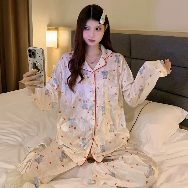 

Pajama Sets Nightwear Women Woven Friendly Fit Pattern Breathable Durable Moisture Wicking Easy Care Button Front Long Sleeve OL