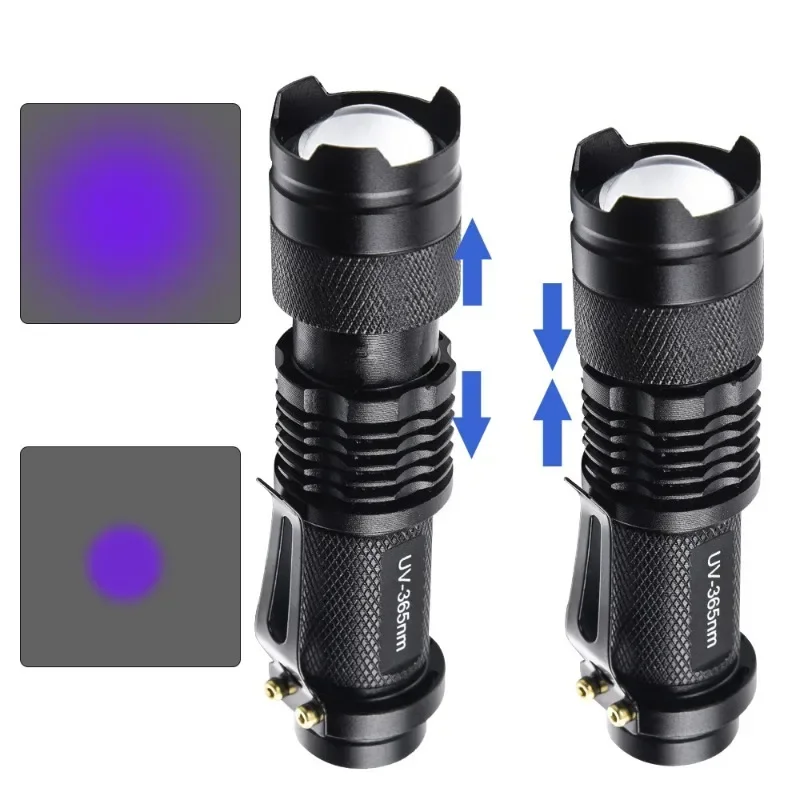 Mini UV Flashlight 395/365nm LED Portable Waterproof Violet Light Torch Zoomable Ultraviolet Lamps Pet Urine Scorpion Detector