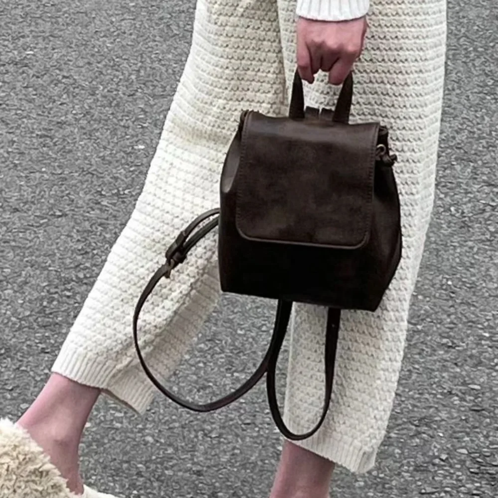 

PU Leather Drawstring Flap Backpack Korean Style Large Capacity School Book Back Fashion Retro Women Shoulder Bag Gift