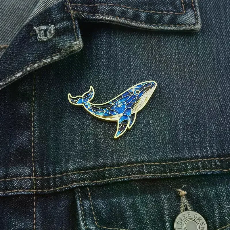 Enamel Whale Brooch Pins Colorful Mosaic Pattern Golden Edge Trim For Backpack Jackets Ocean Lover Gifts