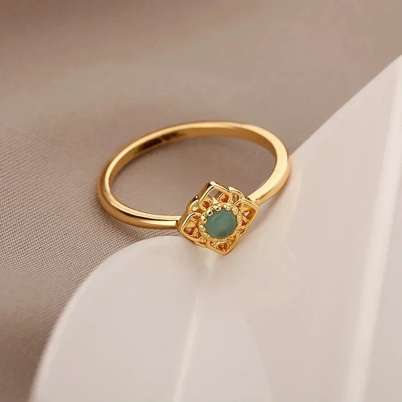 Lotus Flower Rings for Women Gold Color Stainless Steel Opal Natural Stone Ring Vintage Boho Wedding Engagement Jewelry Gift