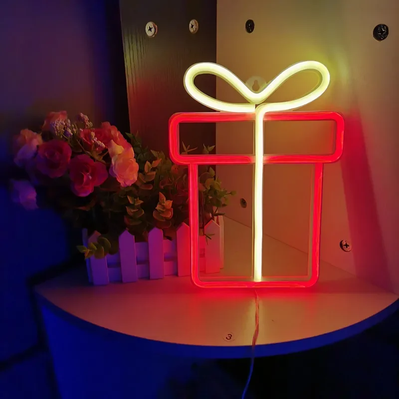 Christmas Gift Box Led Neon Sign Wall Light Santa Claus Coming Bedroom Kids Living Room Bar Party Wedding Decoration Night Lamp