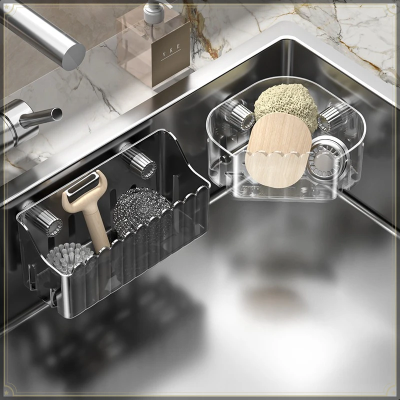 Suction Cup Sink Caddy Rack PET Wall Mount Strong Load Bearing Ventilated Draining Multi-purpose Kitchen Sink Storage Holder