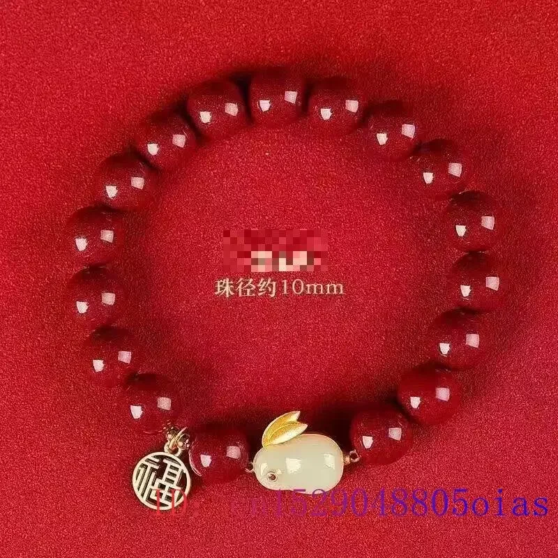 Cinnabar Rabbit Bracelet Real Amulet Man Stone Gift Gemstone Natural Jade Beaded Bead Accessories Vintage Fashion Jewelry