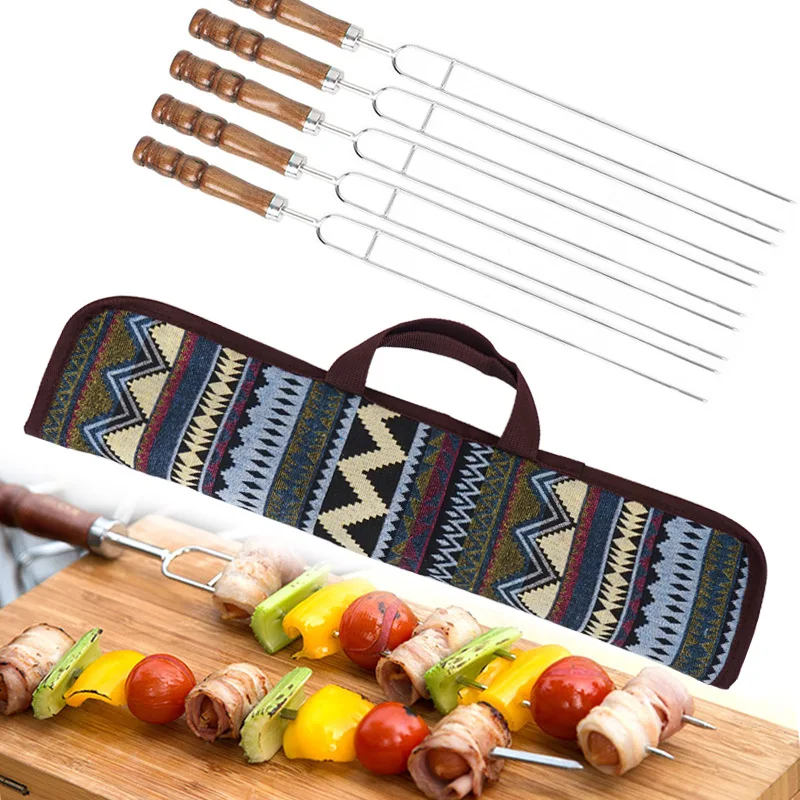 

5 PCS/Set Stainless Steel Wire BBQ Skewers Wood Handle Grill Roasting Sticks Outdoor Picnic Camping Barbecue Fork BBQ Tool Sets