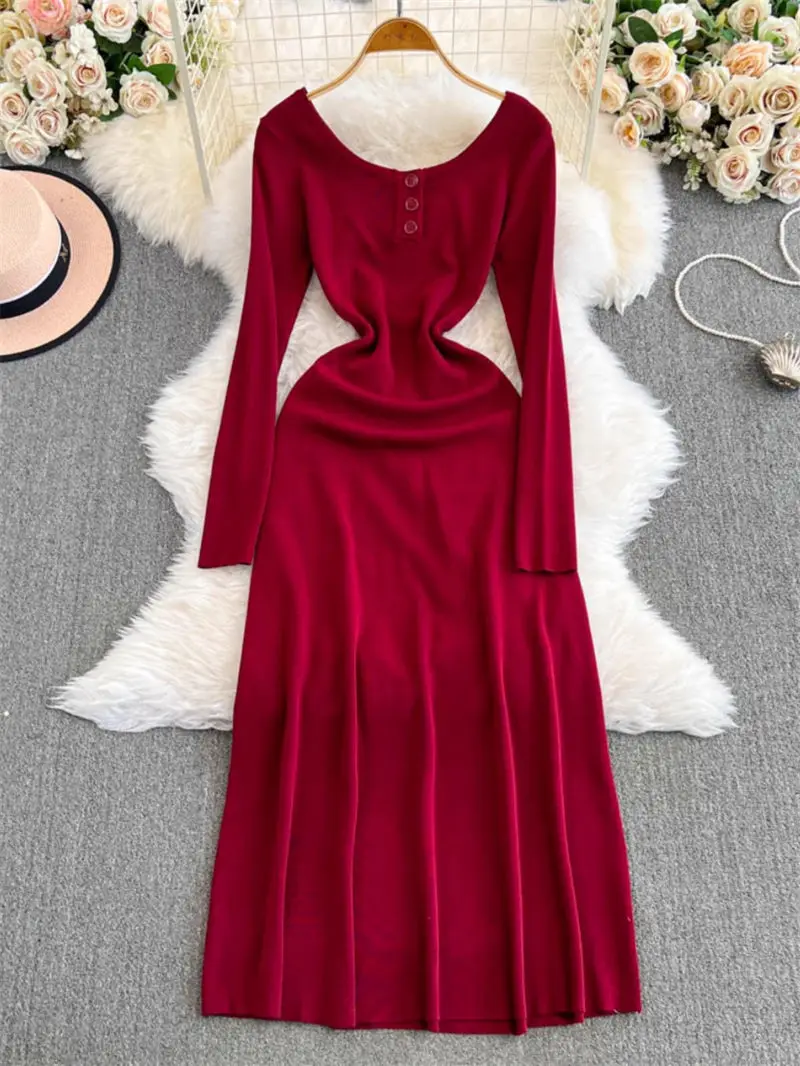 

Red Base Knitted Dress For Women Early Autumn 2024 New Style Temperament Full Sleeve Slim Elegant Sweater Long Dress K2596