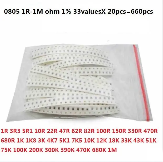 0805 0603 1206 SMD Resistor Kit Assorted Kit 1ohm-1M Ohm 1% 33valuesX 20pcs=660pcs Sample Kit