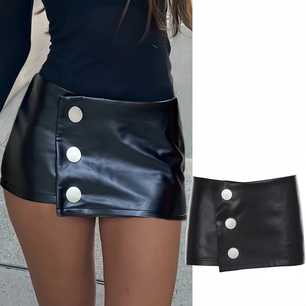 

FAGADOER Punk Gothic Fashion Leather Patchwork Skirt for Woman Irregular Metal Buckle Low-rise Skirt Female Streetwear Bottoms