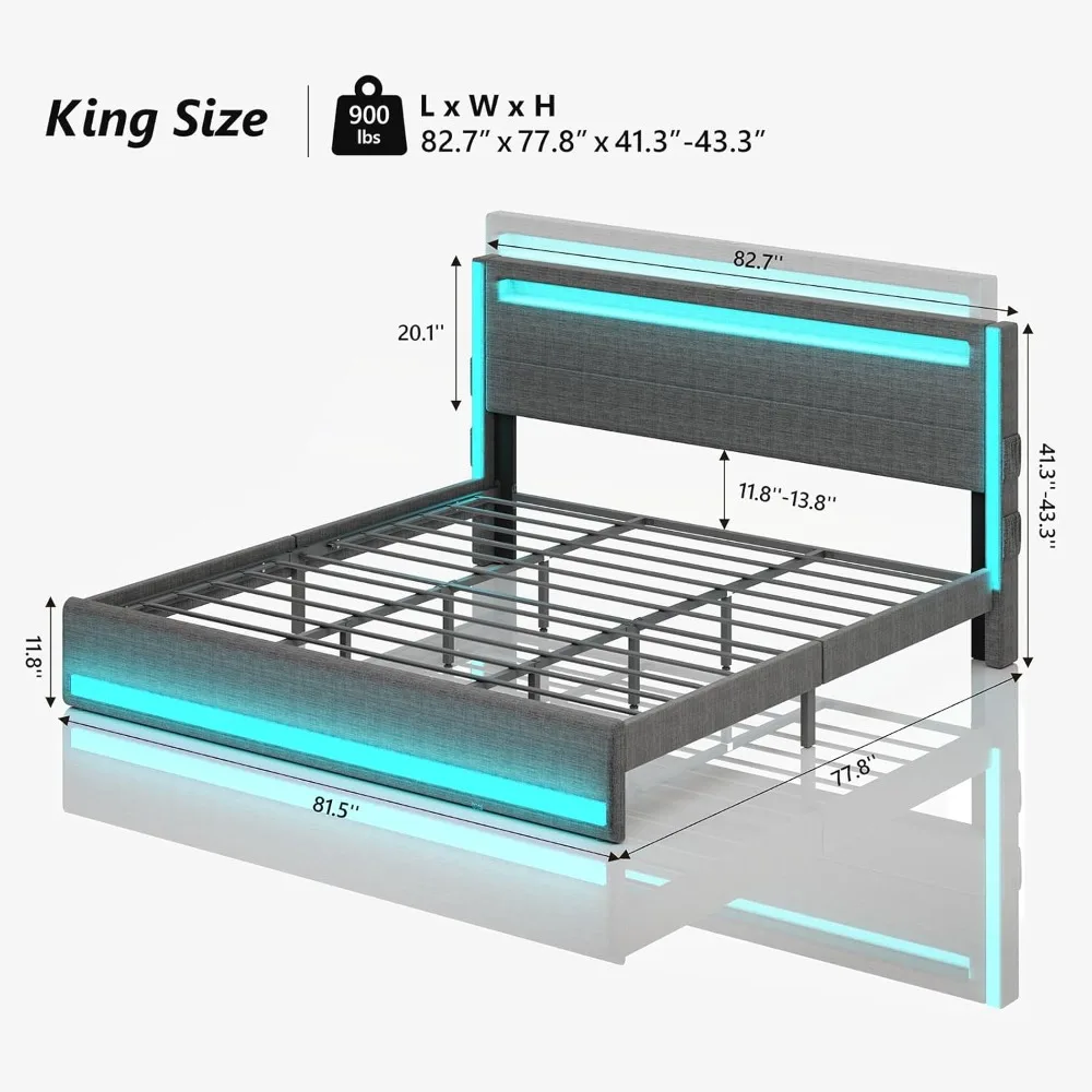 Каркас кровати размера «king-size» и регулируемое изголовье, каркас кровати на платформе с подсветкой и зарядной станцией USB Type-C, металлическая обивка со светодиодной подсветкой