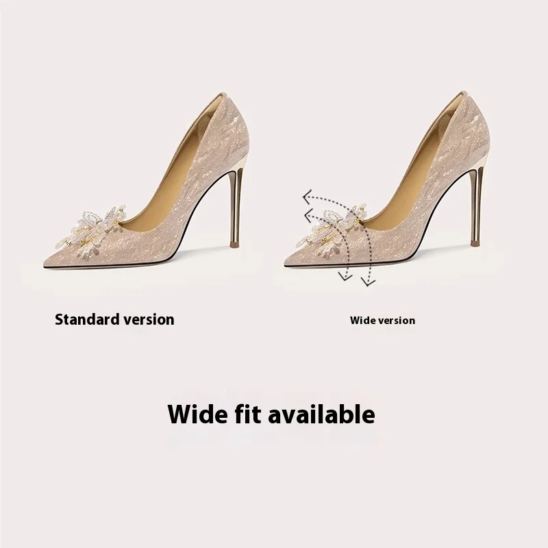 Spring new pointed beaded rhinestone sequin flat wedding shoes thin high-heeled banquet dress large size small size women's shoe