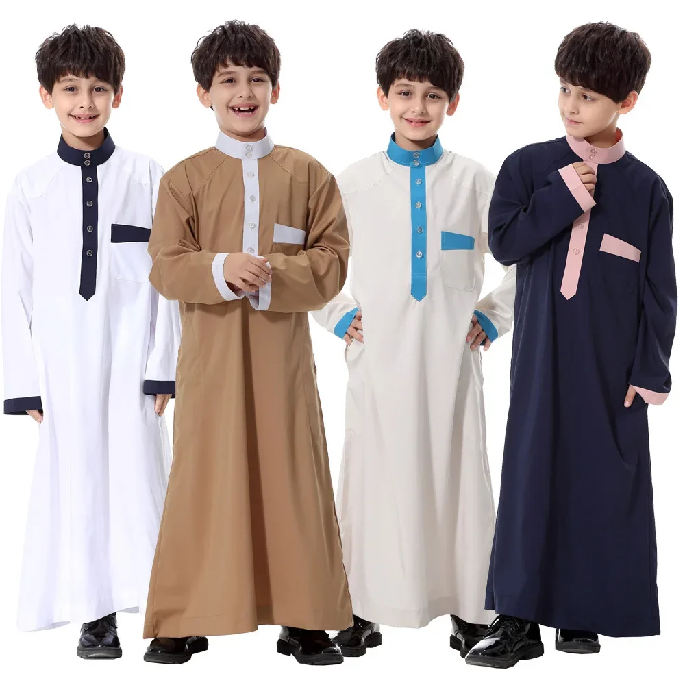 

Men Eid Muslim Ramadan Morocco Jubba Thobe Arab Dubai Kaftan Islam Modest Single Breasted Button Loose Children Abayas