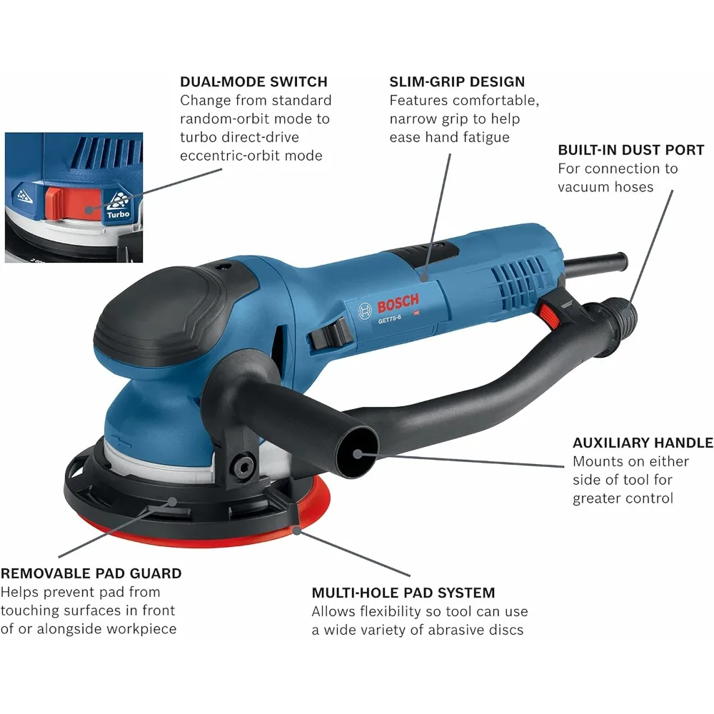 GET75-6N Electric Orbital Sander, Polisher - 7.5 Amp, Corded, 6 Inch Disc Size - Dual-Mode: Random Orbit & Turbo