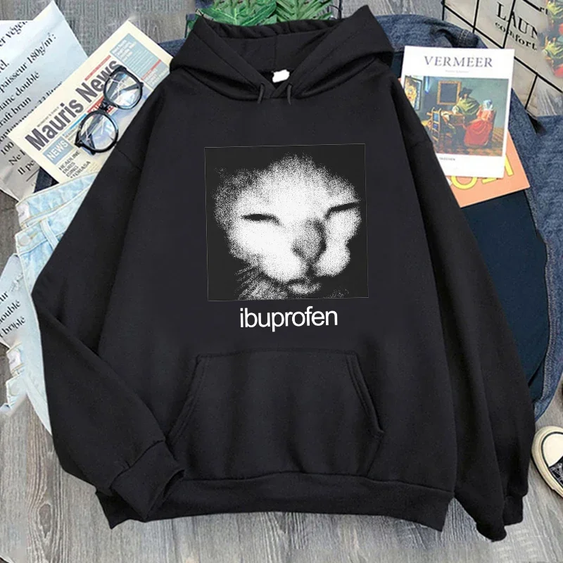 ibuprofen cat Meme Graphic Hoodies for Men Women Casual Fleece High Quality Sweatshirts Harajuku Hip Hop Punk Pullovers Clothe