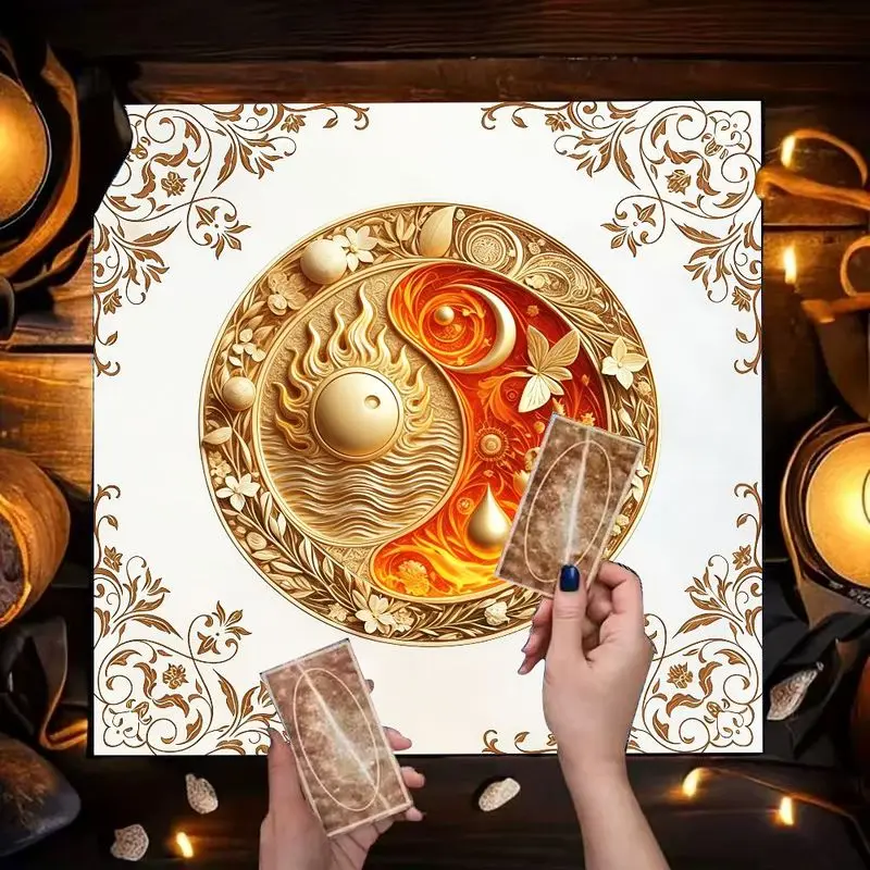 VIKAMA Golden Floral Sun Moon Yin Yang Tarot Cloth Witch Altar Mat Wicca Divination Oracle Card Crystal Grid Decor