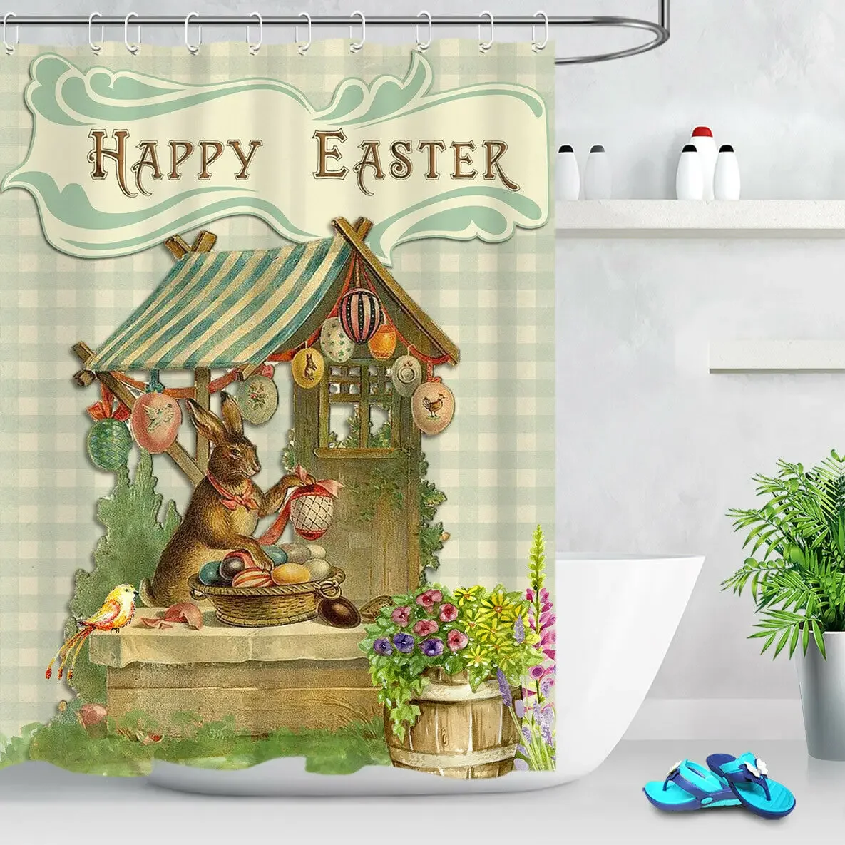 Happy Easter Rabbit Bird Shower Curtain Set Bathroom Decor Bath Accessories