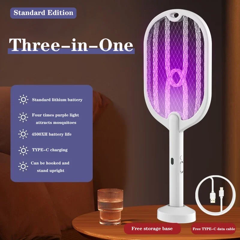 Verbeterde 3000V muggenmepper met TYPE-C opladen, 3-in-1 elektrische muggenmepper, muggenmoordenaarlamp