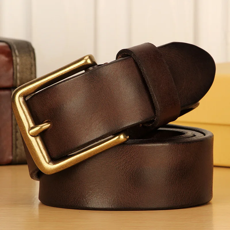 Paski męskie ze skóry licowej bydlęcej o grubości 5 mm, męskie paski ze skóry naturalnej w stylu vintage z solidną miedzianą klamrą, wytrzymałe i trwałe.