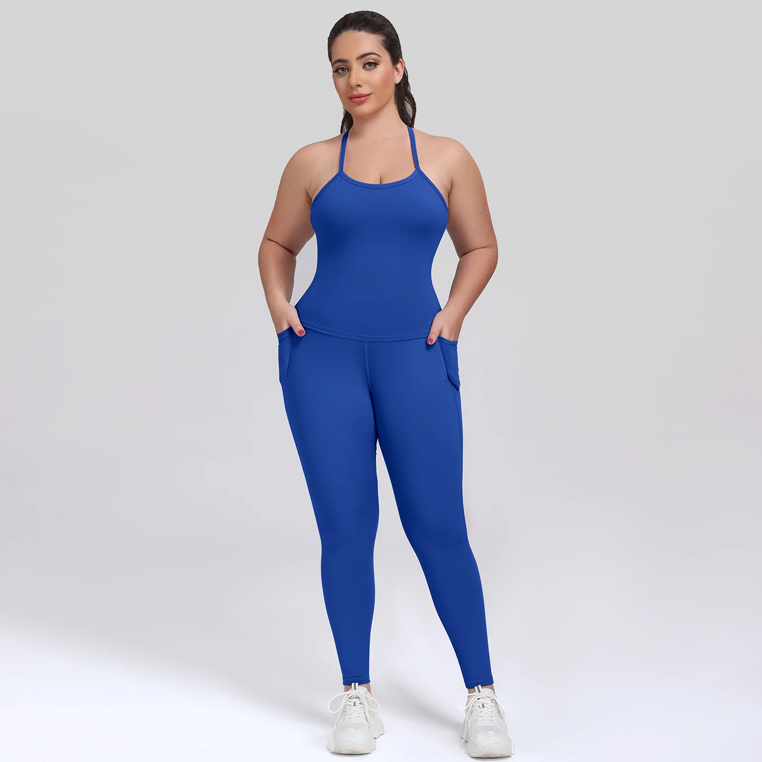 Women 2 Piece Workout Sets Tummy Control Leggings with Pockets Halter Padded Tank Tops Gym Yoga Outfits Sportswear