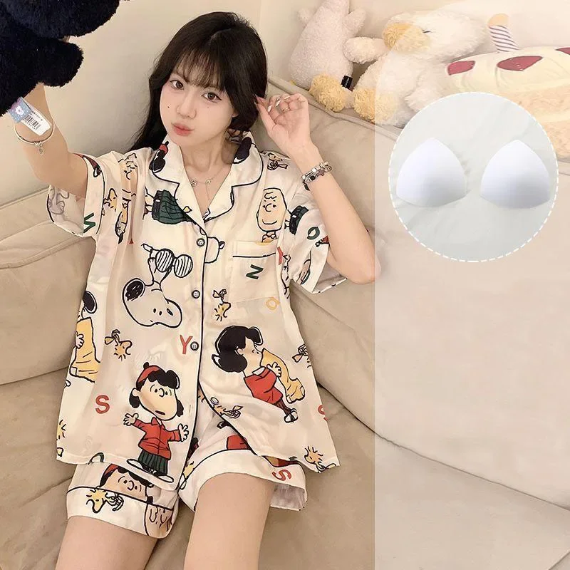 

Cute Cartoon Snoopy Pajamas Sets Anime Kawaii Kuromi Hello Kitty Summer Thin Cool Ice Silk Short Sleeves Home Clothing Sets Gift