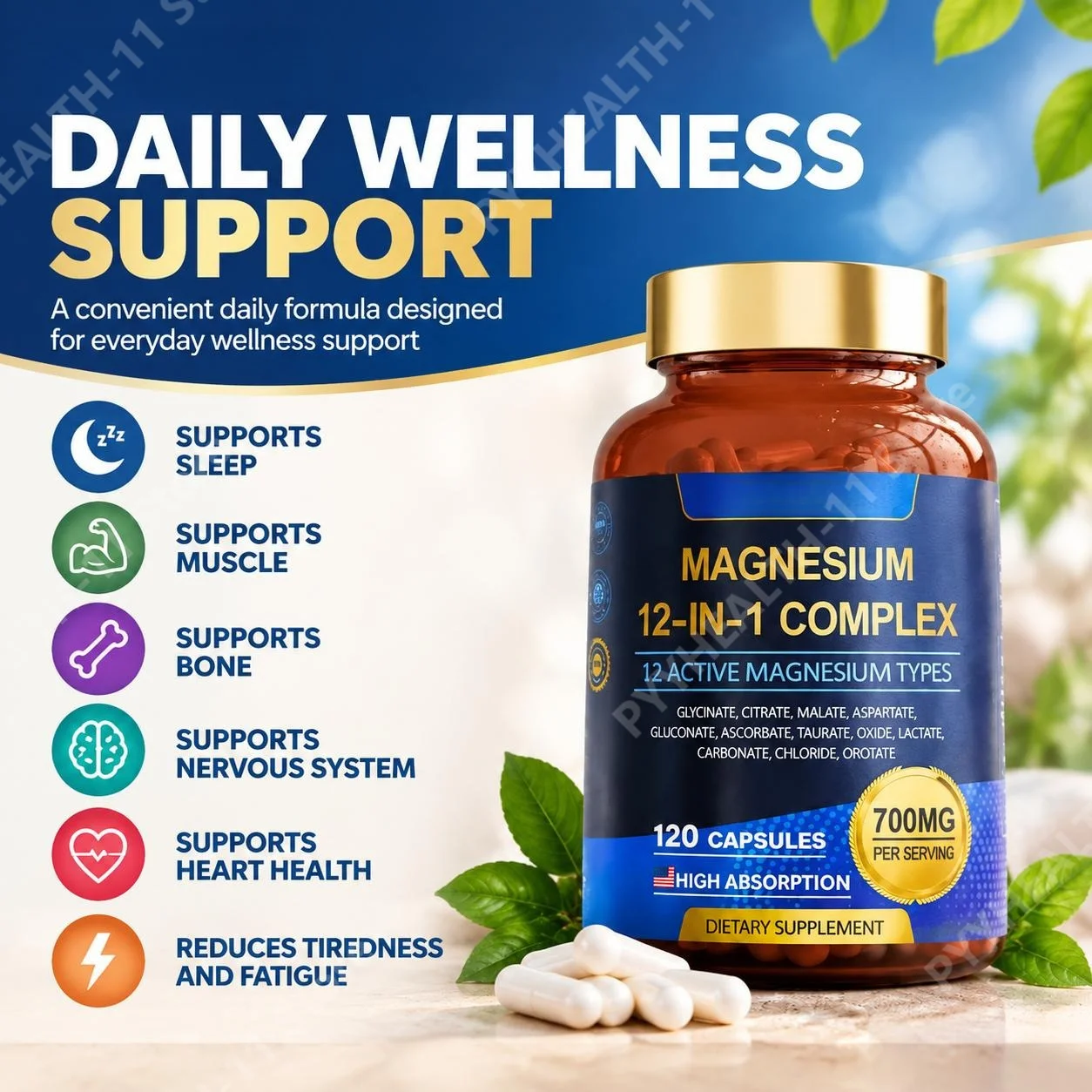 Magnesium 12-in-1 Complex Capsules with 12 Active Magnesium Types for Sleep Support and Muscle Support - 120 Capsules