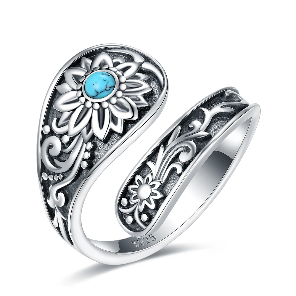 XiaoJing 925 Sterling Silver Sunflower Spoon Rings Turquoise Adjustable Rings Boho Victorian Vintage Jewelry Gift for Women Girl