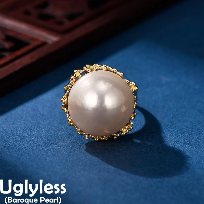 

Uglyless Button Natural Pearls Elegant Dress Rings Women Shinning Pearly Light Organic Gems Jewelry 925 Sterling Silver Bijoux