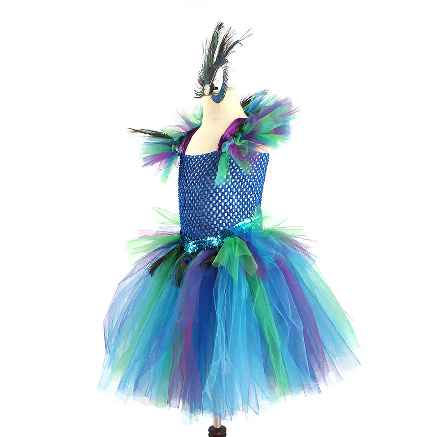 Peacock Enfant Kleid, Pfauenfeder-Cosplay, Karnevalskostüme für Kinder, Halloween, Karneval, Purim, Pfauen-Prinzessinnen-Set – Detail 15